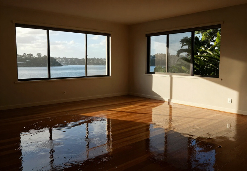 Flooded living room in Burwood with water damage to carpets and walls